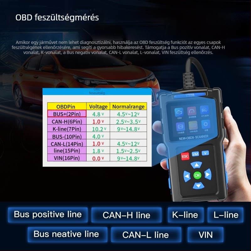 Autódiagnosztikai eszköz T200, feszültség 8-30V, működési hőmérséklet 20-60°C, autókhoz