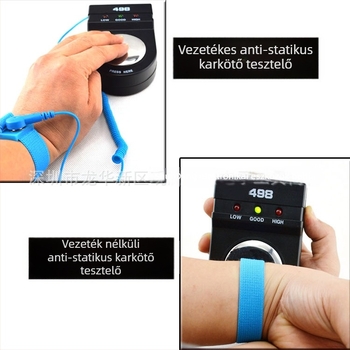 Vezeték nélküli földelési ellenállás mérő készülék anti‑statikus csuklópántra, modell 498, mérési tartomány 0-10, tömeg 0,23 kg