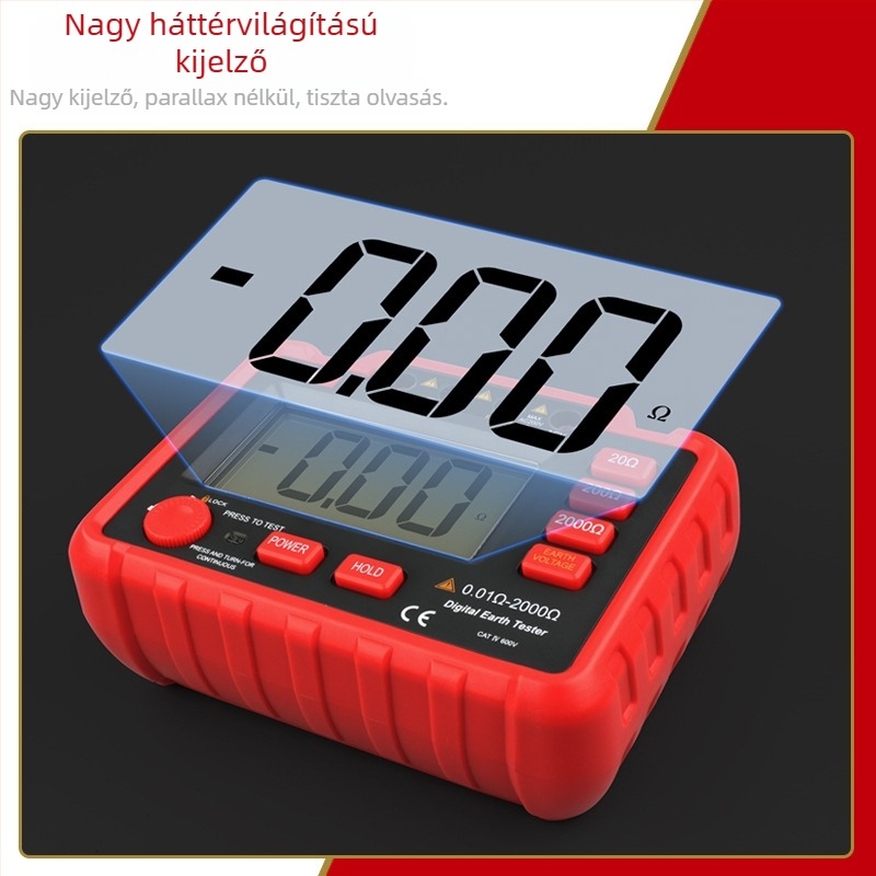 TA8331A földelő ellenállás mérő, földelési feszültség mérésével, nagy pontosságú digitális kijelző, működés akkumulátoros (8× AA)