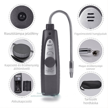 DY5750B Hordozható autóklímás hűtőközeg-szivárgásdetektor halogén detektálással; detektálja a szivárgásokat autó- és háztartási AC rendszerekben; négy alkáli elem; működési hőmérséklet 0–50°C