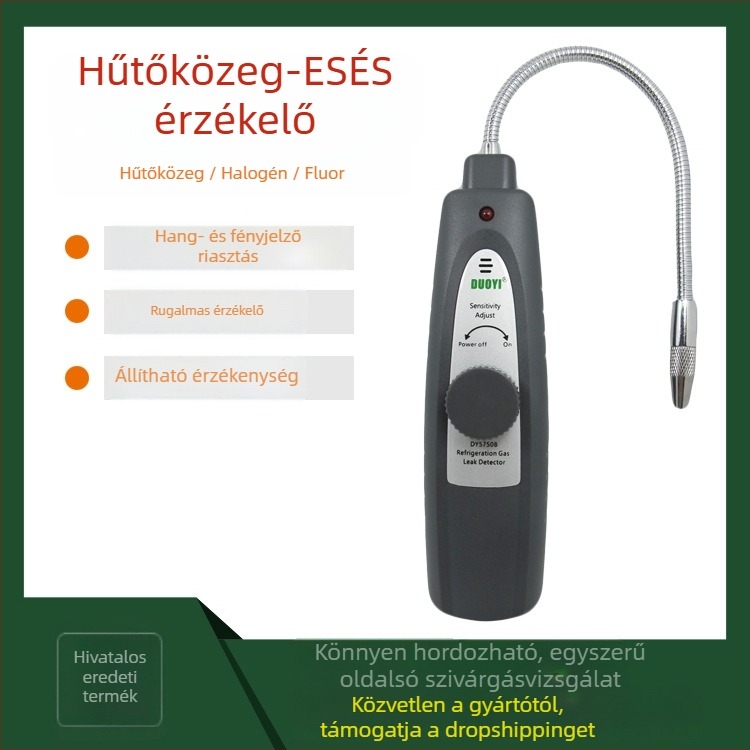 DY5750B Hordozható autóklímás hűtőközeg-szivárgásdetektor halogén detektálással; detektálja a szivárgásokat autó- és háztartási AC rendszerekben; négy alkáli elem; működési hőmérséklet 0–50°C