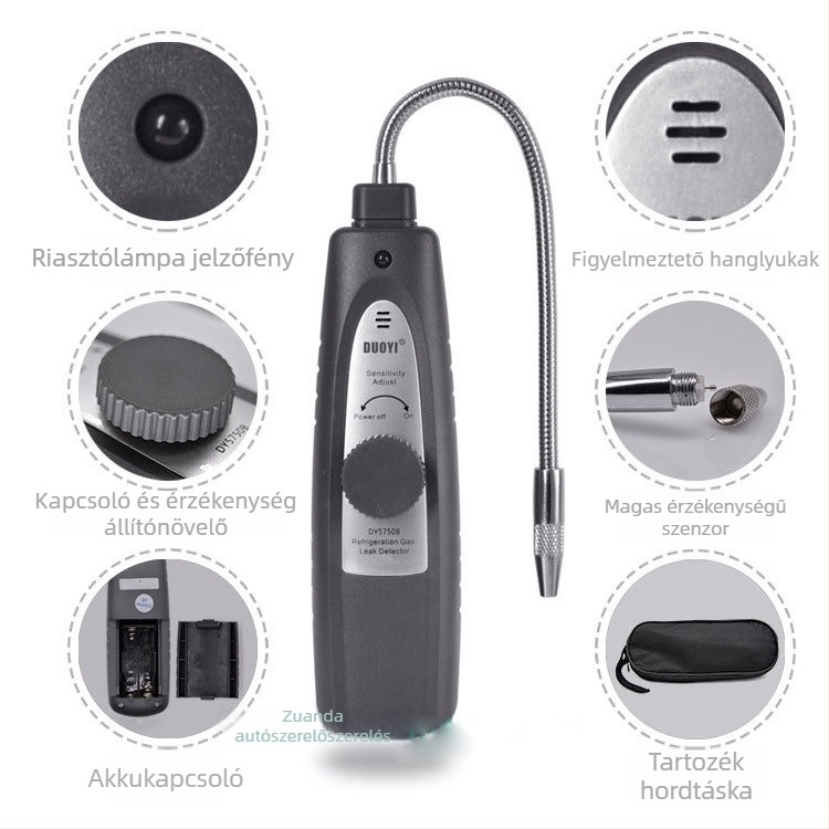 DY5750B Hordozható autóklímás hűtőközeg-szivárgásdetektor halogén detektálással; detektálja a szivárgásokat autó- és háztartási AC rendszerekben; négy alkáli elem; működési hőmérséklet 0–50°C