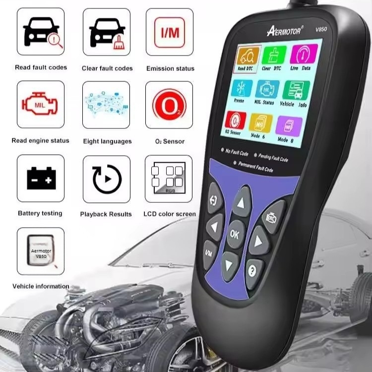 V850 OBD2 szkenner akkumulátor-tesztelővel, EOBD/CAN motor-kódolvasó