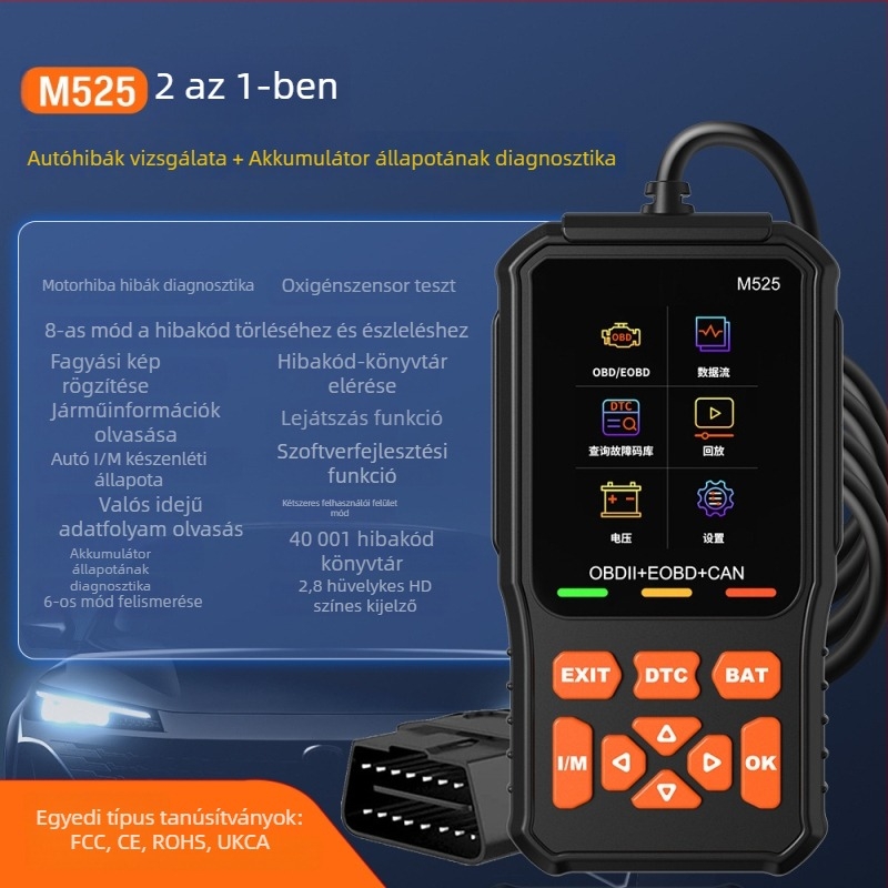 M525 OBD2 motordiagnosztikai eszköz, 9-16V, -20-65°C, minden modellhez kompatibilis