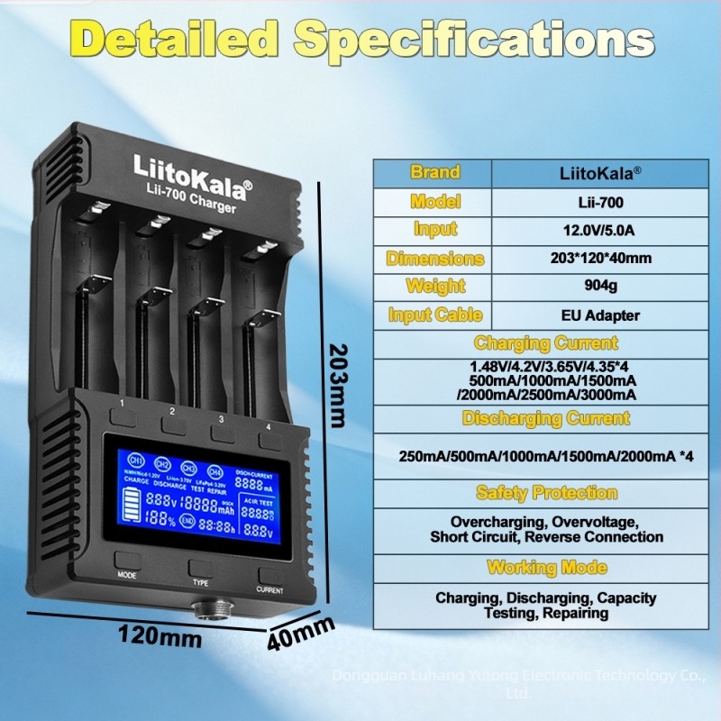 Liitokala többfunkciós akkumulátor töltő belső ellenállás mérővel – az akkumulátor kapacitásának kimutatása; bemenet AC 100-240V; kimenet DC 4.2V 3A