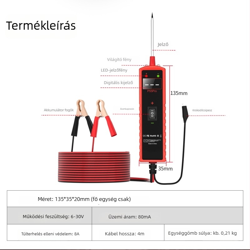 Autóhiba-detektor kijelzővel, P55Pro modell, akkumulátor-diagnosztika, 6-30 V tápegység, -20°C-tól 60°C-ig tartó működési hőmérséklet.