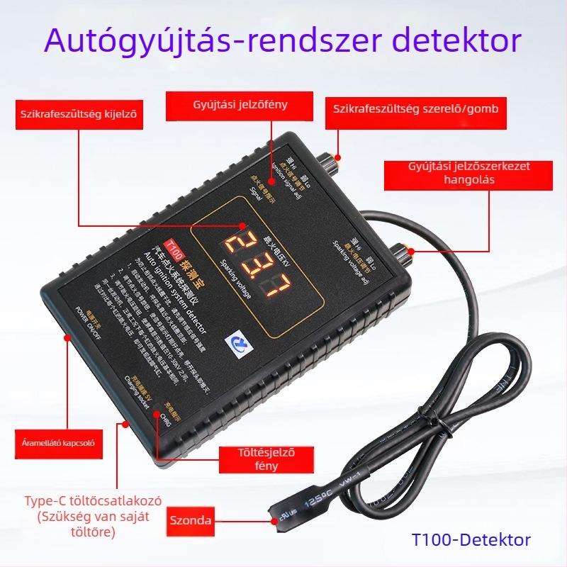 Autóhiba detektáló készülék gyújtási rendszer elemzéséhez és gyújtótekercs detektálásához, 24V, 20–65°C, motor- és akkumulátor-diagnosztika, modell T100