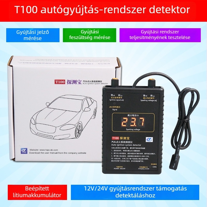 Autóhiba detektáló készülék gyújtási rendszer elemzéséhez és gyújtótekercs detektálásához, 24V, 20–65°C, motor- és akkumulátor-diagnosztika, modell T100