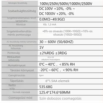 AR907A+ digitális magasfeszültségű megohmméter szigetelésellenállás mérésére, 2500V tesztfeszültség, pontosság ±5%