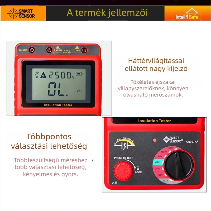 AR907A+ digitális magasfeszültségű megohmméter szigetelésellenállás mérésére, 2500V tesztfeszültség, pontosság ±5%