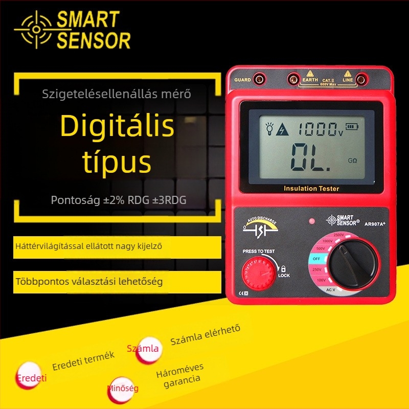 AR907A+ digitális magasfeszültségű megohmméter szigetelésellenállás mérésére, 2500V tesztfeszültség, pontosság ±5%