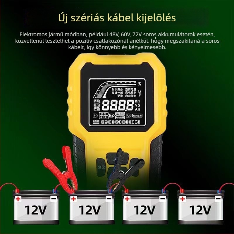 Elektromos jármű és autóakkumulátor-teszter – 12V/24V kompatibilitás, akkumulátor állapotának ellenőrzése, élettartam detektálása