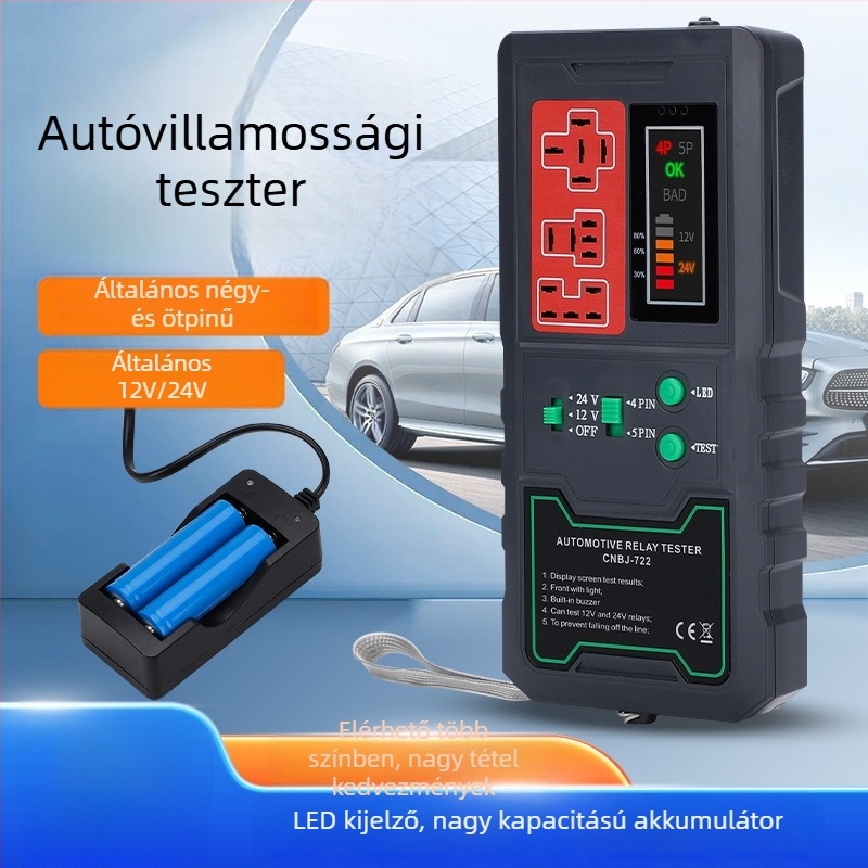 Autó relé tesztelő és hibaelemző készülék, 12V/24V, 4-pinos és 5-pinos