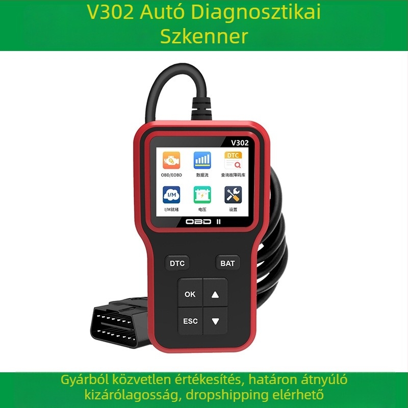 OBD2 motorhiba-diagnosztikai eszköz – V302 autódiagnosztikai szkenner és akkumulátorkód-olvasó (Feszültség 8–18V; Üzemhőmérséklet -20°C–75°C; OBD2 protokoll modell)