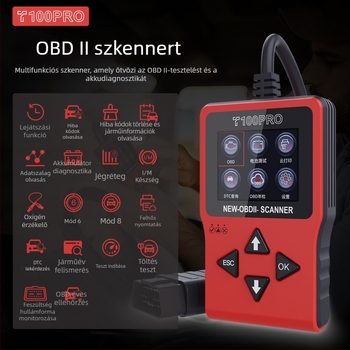 OBD2 autódiagnosztikai eszköz Elm327 interfésszel, motor- és akkumulátor-hiba diagnosztika, kódolvasás, T100pro modell, 12V