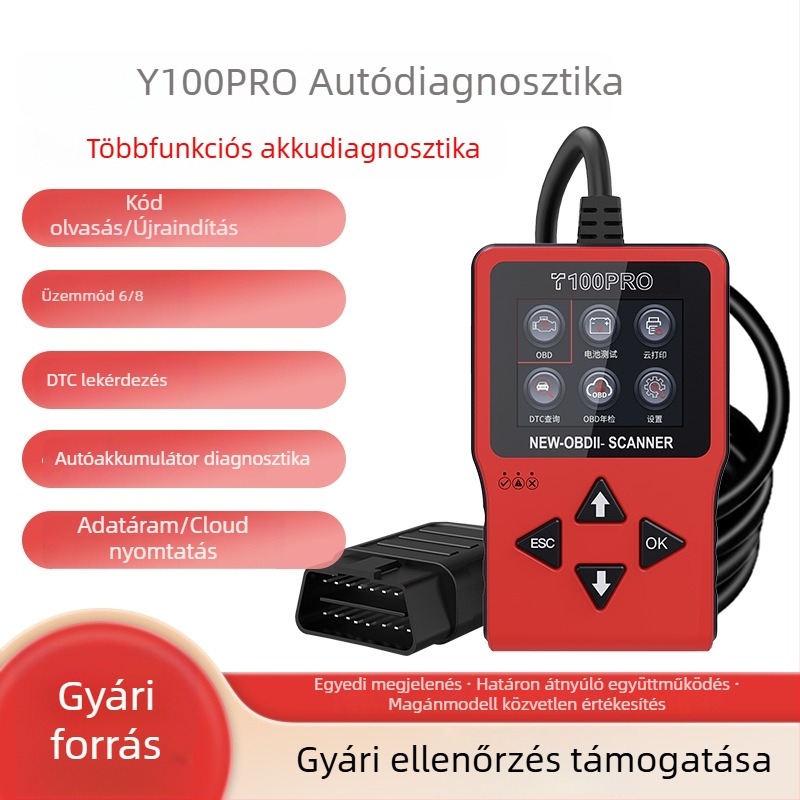 OBD2 autódiagnosztikai eszköz Elm327 interfésszel, motor- és akkumulátor-hiba diagnosztika, kódolvasás, T100pro modell, 12V