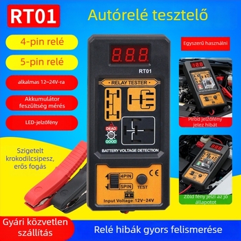 RT01 Autórelé vizsgáló, 12–24V, négy- és ötpontos csatlakozás, digitális kijelző, relé analízis