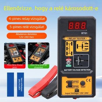 RT01 Autórelé vizsgáló, 12–24V, négy- és ötpontos csatlakozás, digitális kijelző, relé analízis