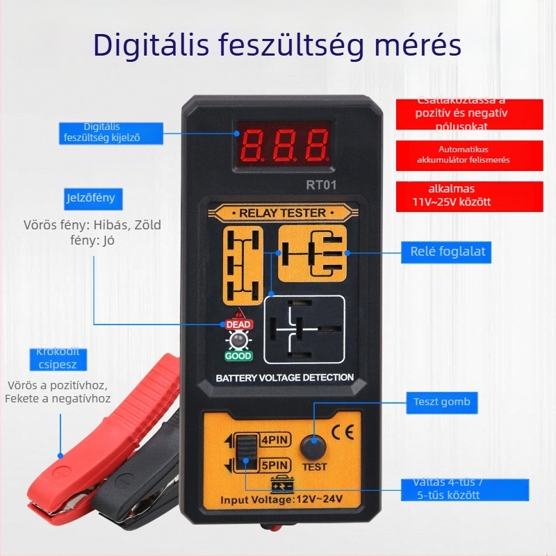 RT01 Autórelé vizsgáló, 12–24V, négy- és ötpontos csatlakozás, digitális kijelző, relé analízis