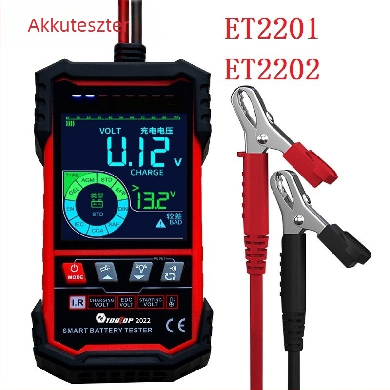 OOLTOP Akkumulátor Teszter ET2201 automatikus feszültségazonosítással és hőmérséklet-méréssel, 12V