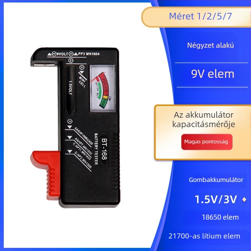 BT168 akkumulátorvizsgáló digitális kijelzővel 1,5V, 3V, 9V és 18650 típusú akkumulátorokhoz