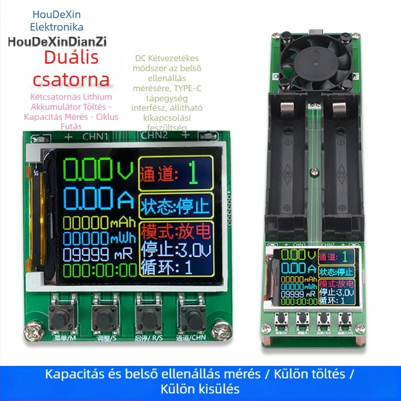 Kétcsatornás belső ellenállás mérő 18650-es akkumulátorokhoz – kapacitás és belső ellenállás mérése, automata töltés/kiürítés modul és Type-C tápegység