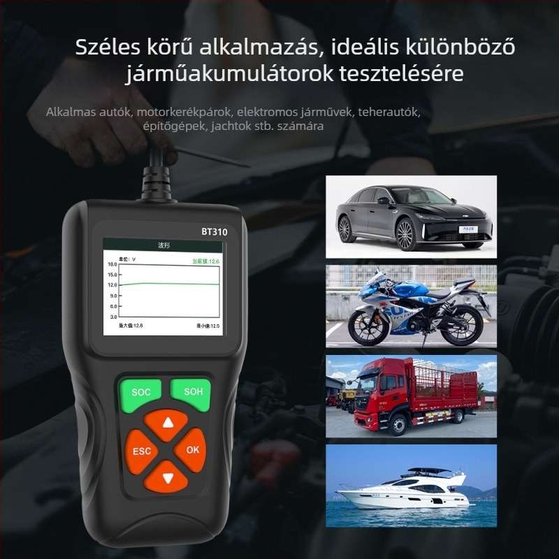 BT310 OBD II autóakku-tesztelő – az akkumulátor feszültségének diagnosztikája, 9–35V, -20°C-tól 60°C-ig
