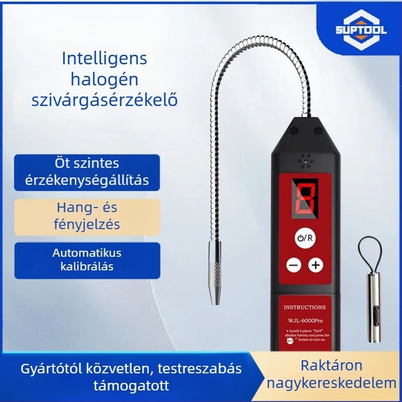 Halogén szivárgásdetektor – VA127, kézben tartható detektor autóklíma halogén gázokra (Freon), működik 4 AAA elemmel (nem tartalmazzák); súly 0.238