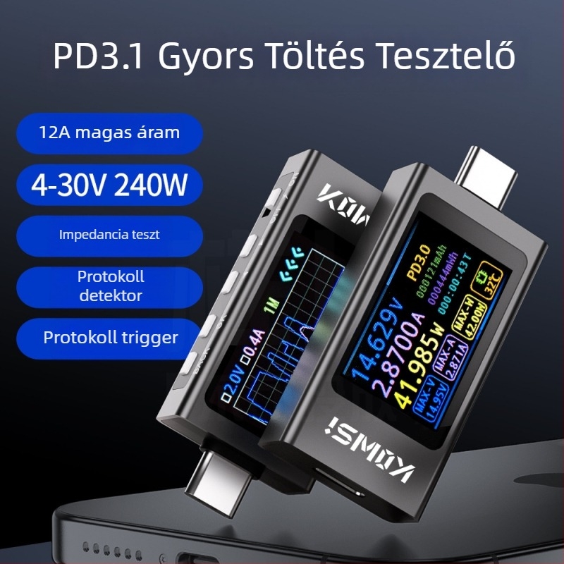 Type-C PD töltő gyors töltés detektorrral, teljesítménymérővel és USB-tesztelővel – többfunkciós áram- és feszültségkijelző