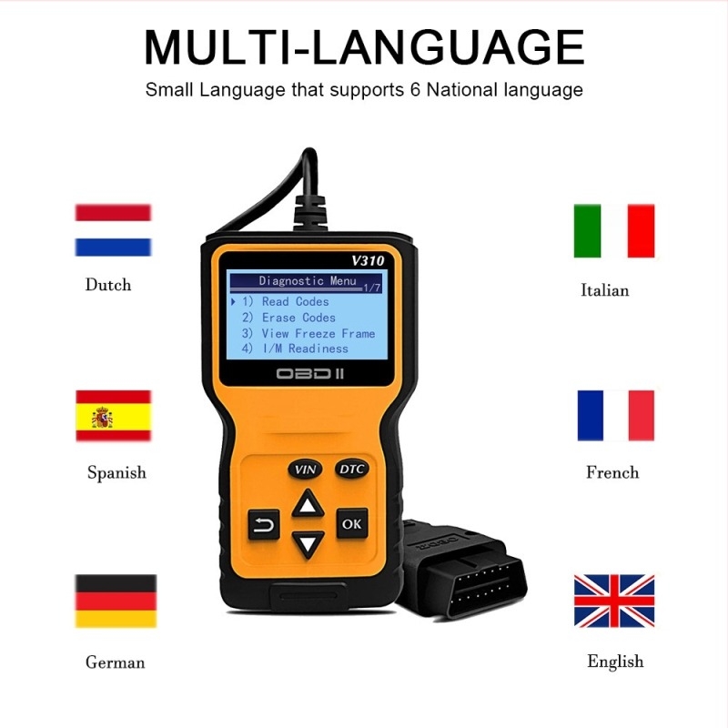 OBD2 járműhiba-diagnosztikai eszköz, kódolvasó és dekódoló, modell V310/K310, 12V tápegység, motorhiba detektálás
