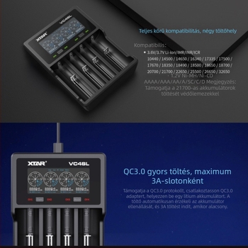 XTAR VC4SL akkumulátor töltő, bemenet 4,2V, kimenet 1A, CE tanúsítvány