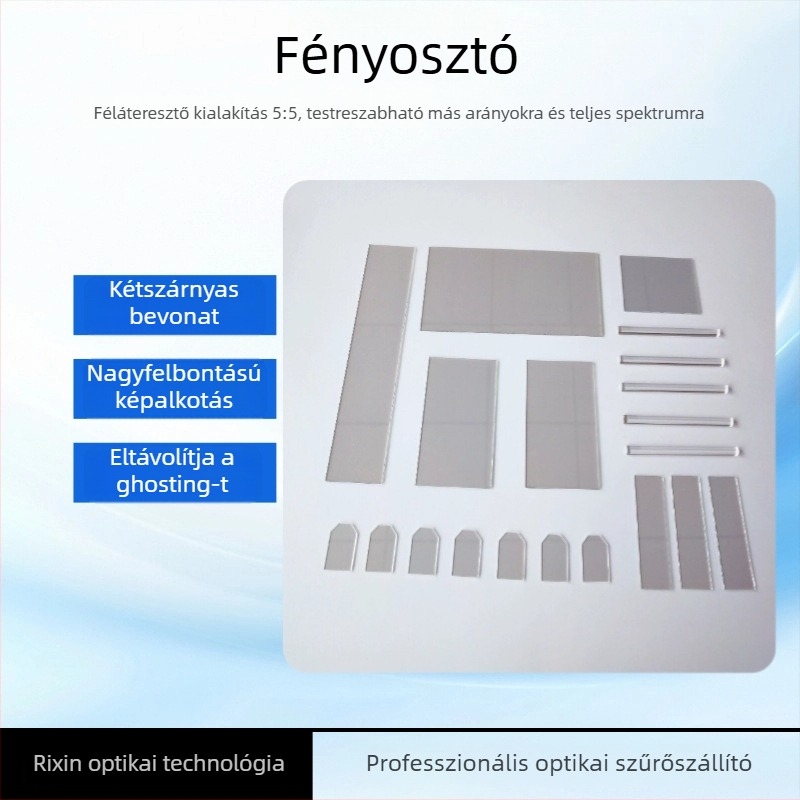 FG002 Fényosztó bevonatos, 55% átjutás, félrefényes/féláteresztő, optikai üveg, vastagság 0.2–3 mm, formák: téglalap, kör vagy testre szabható