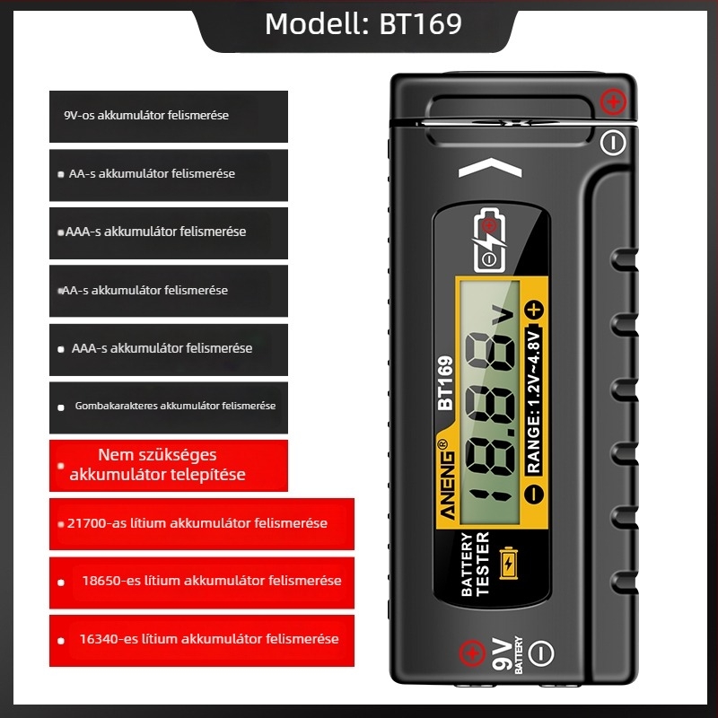 BT158 Akkumulátor energia-detektora – Digitális LCD-kijelző, a megmaradt energia mérése, feszültség- és kapacitástesztelő univerzális akkumulátorhoz