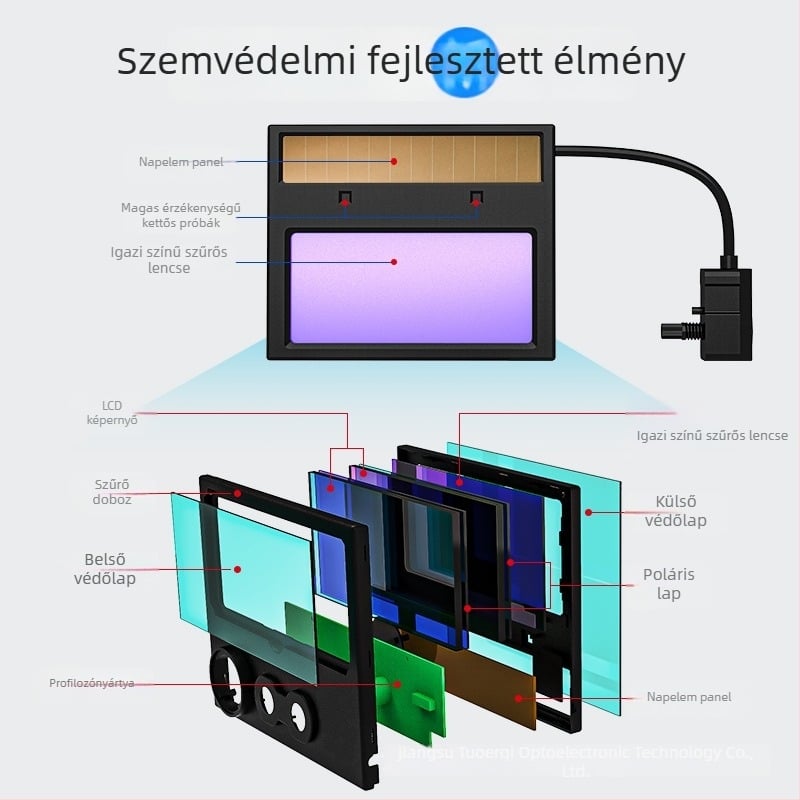 Automatikusan sötétedő hegesztőmaszk DIN9-13 árnyékolóval, cserélhető szűrő, napelemes működés, DIN4 világítási állapot