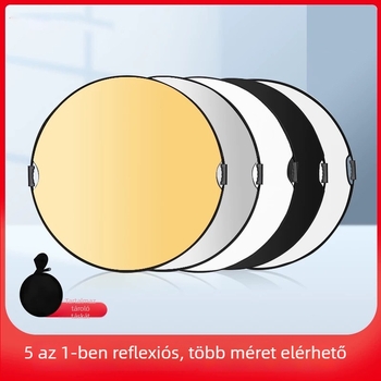 Fotóreflektor – kör alakú, hordozható, összecsukható; RETENG, modell Reflector/five-in-one, típus: fényvisszaverő eszköz, használható a termékfotózásnál, anyag: hőnyomott vászon, ezüst vászon