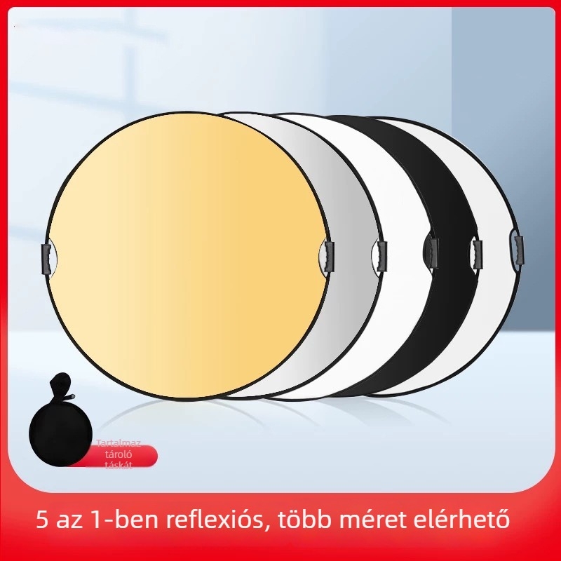 Fotóreflektor – kör alakú, hordozható, összecsukható; RETENG, modell Reflector/five-in-one, típus: fényvisszaverő eszköz, használható a termékfotózásnál, anyag: hőnyomott vászon, ezüst vászon
