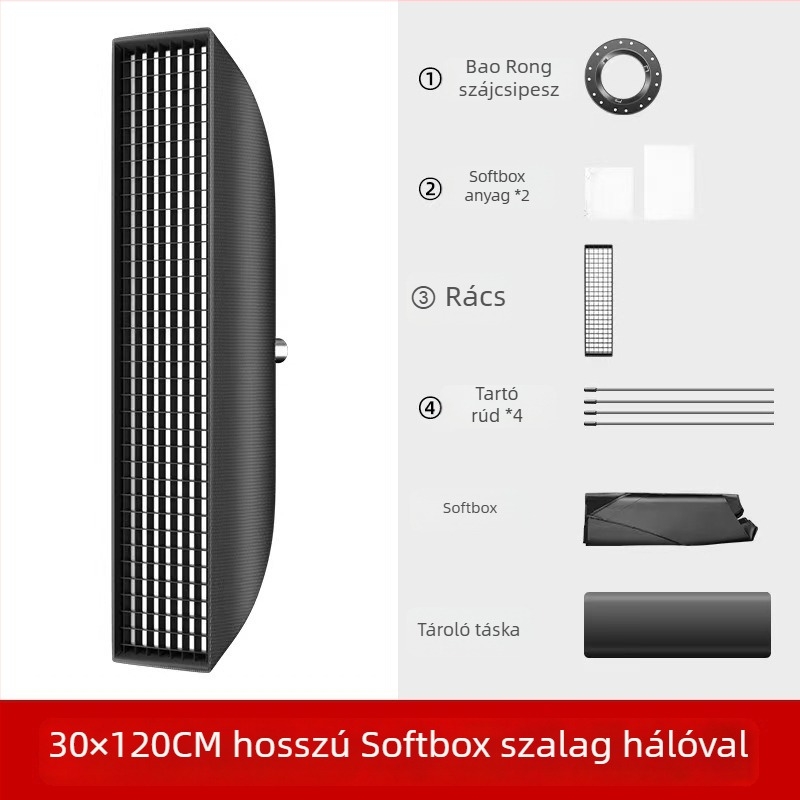Lágy fényvető — nyolcszögletű softbox hálóval, szénszálas konstrukció, max terhelés 2–5 kg, tömeg 1,2 kg