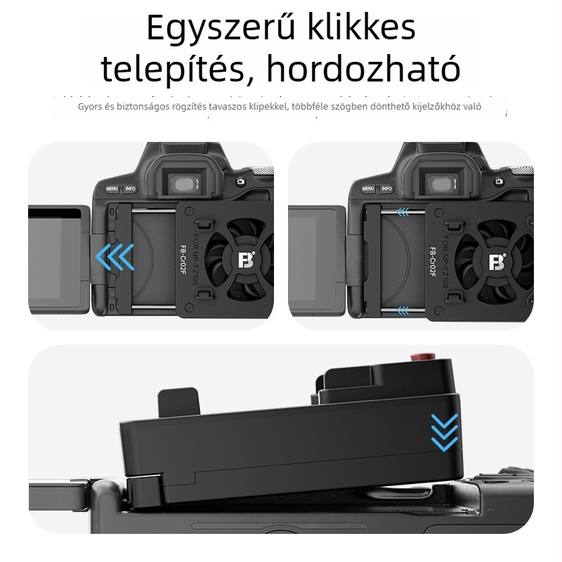 FB-Cr02F Kamera hűtő radiátor A7M4, A7C, ZV-E10, FX30 és R5 modellhez — ABS ház, méretek 97x52x29 mm, tömeg 52 g