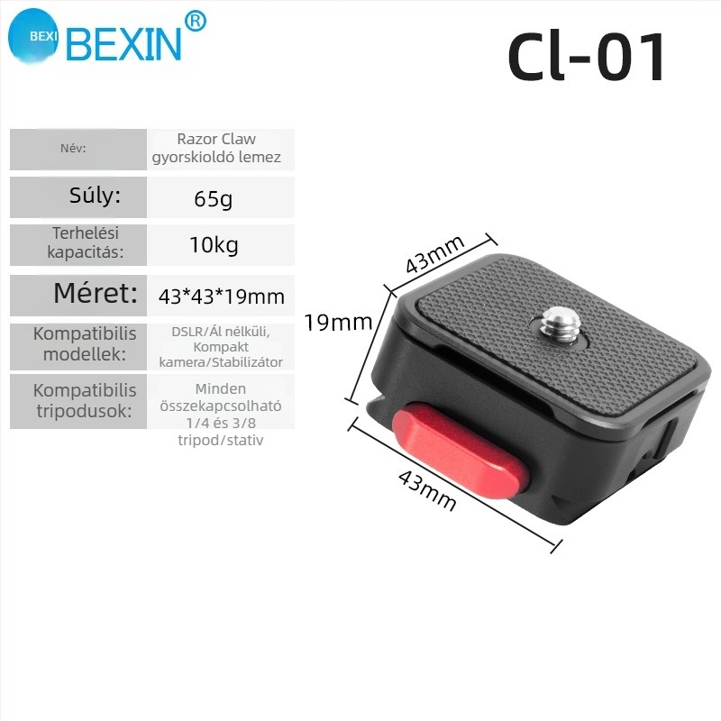 CL-01 gyorskioldó lemez készlet, alumíniumötvözet, tripodhoz/monopodhoz, terhelés 6–10 kg