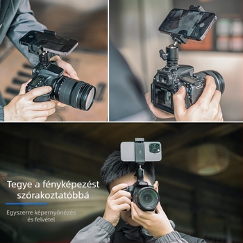 Állványfej készlet - univerzális alumínium ötvözet, telefon-tartó hot shoe-val, teherbírás max. 2 kg, asztali világítás tartó