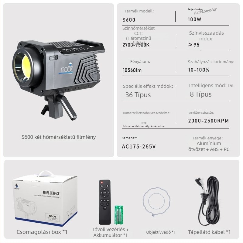 Wolfgang S600 Fotózási stúdió világítás, 100W, alumíniumötvözet + ABS + PC, állítható színhőmérséklet, univerzális alkalmazás