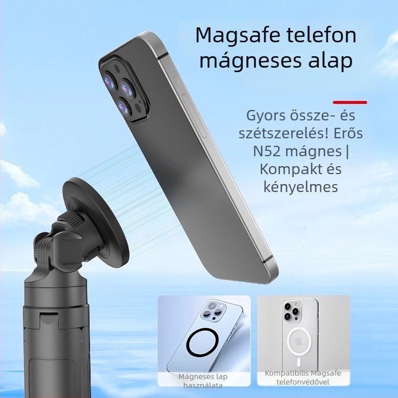 MagSafe mágneses telefonállvány – kompakt tripod fotózáshoz és vlogoláshoz, ABS+PC NdFeB mágnes, 37 g, 1/4 hüvelykes csavaros csatlakozás