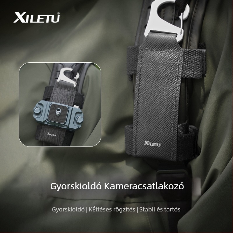 Happy Journey XPQ-2 Kamera gyorskioldó csat hátizsákhoz — alumíniumötvözet + bőr + nylon; teherbírás 2–5 kg; súly 37 g
