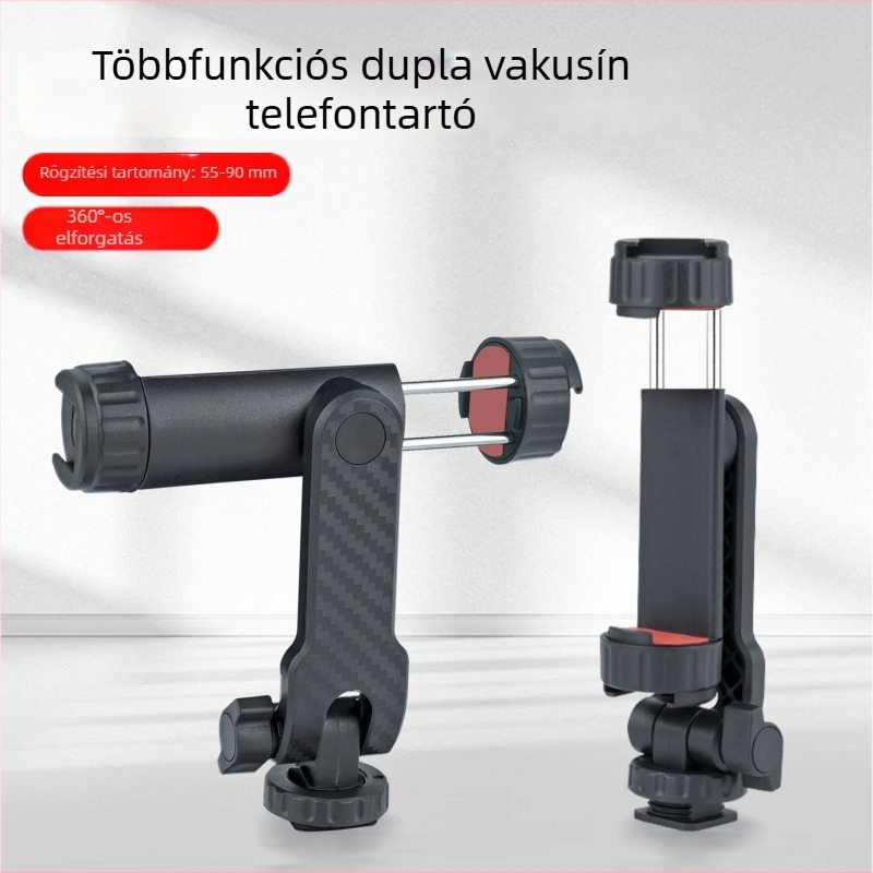 Két hideg cipővel ellátott telefon-tartó, forgatható vízszintes/függőleges felvételhez, kamerához való kiegészítő
