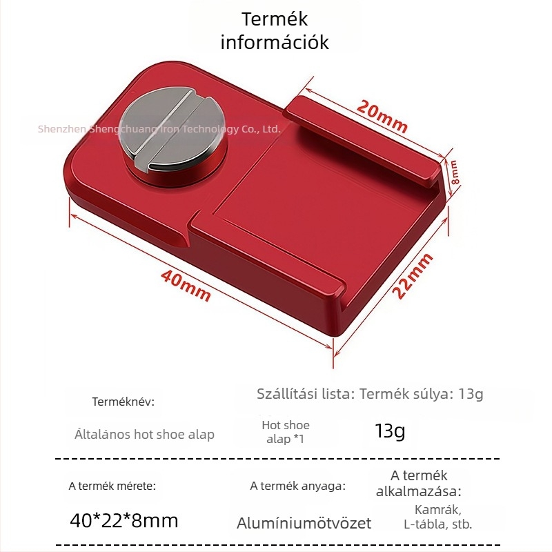 Forró cipő lemez kamera ketrece és tartozékokhoz — alumínium ötvözet, max terhelés 2 kg, tömeg 0,013 kg, DSLR rendszerekhez