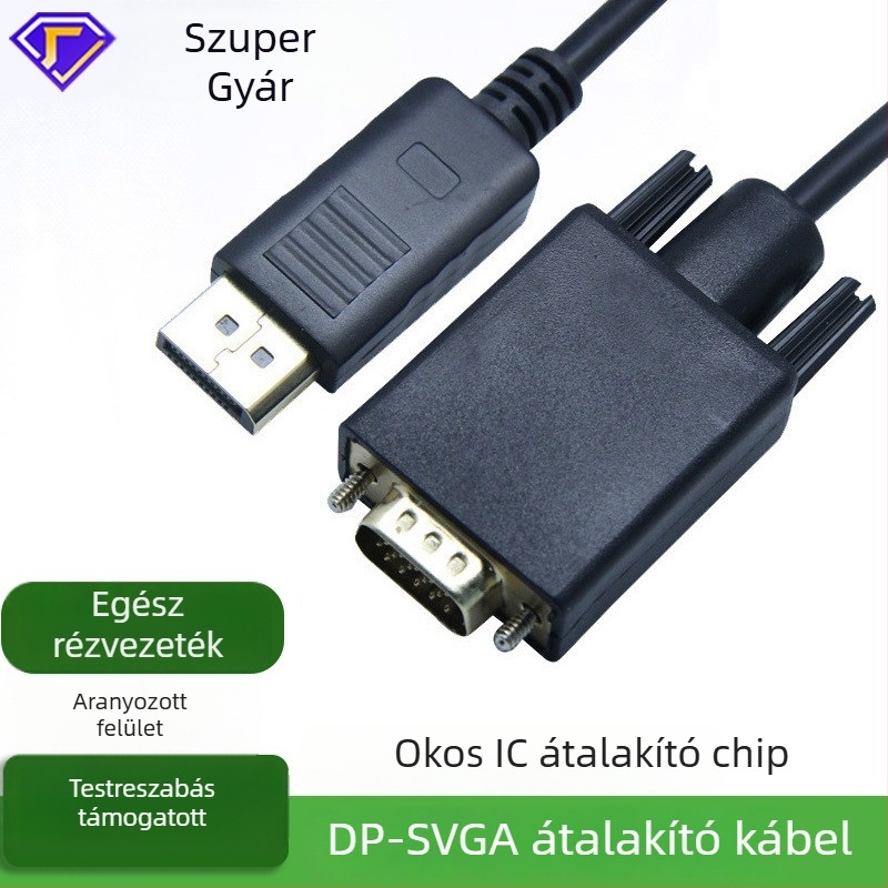DP–ról VGA patch kábel, DP interfész, réz vezető, befecskendezett kivitel, TV-hez, monitorhoz és projektorhoz