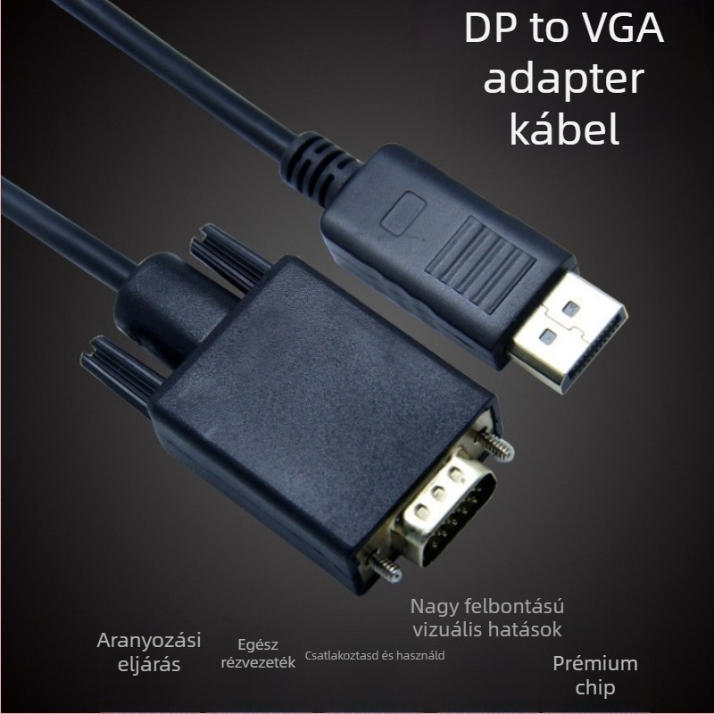 DP–ról VGA patch kábel, DP interfész, réz vezető, befecskendezett kivitel, TV-hez, monitorhoz és projektorhoz