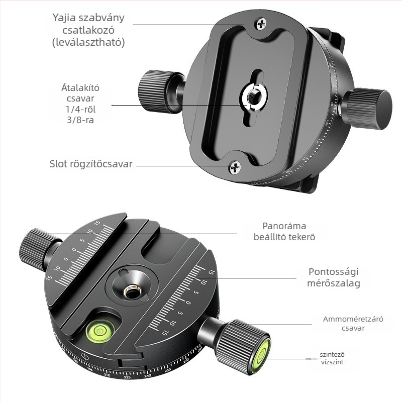 Gyorskioldó lemez kamera számára – 360° forgó csipesz, univerzális, alumíniumötvözet, max terhelés 2–5 kg, méretek 94,5×60 mm, súly 0,2 kg