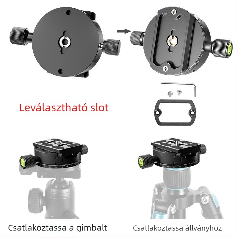 Gyorskioldó lemez kamera számára – 360° forgó csipesz, univerzális, alumíniumötvözet, max terhelés 2–5 kg, méretek 94,5×60 mm, súly 0,2 kg