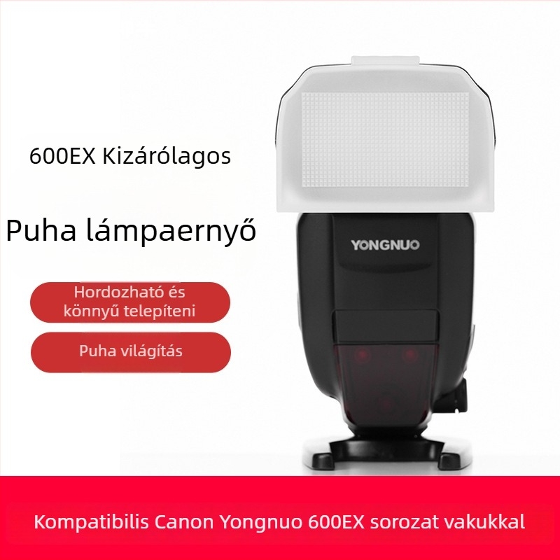 Canon 600EX-RT vakukhoz lágy fény diffúzor, kompatibil a Canon 600EX hot shoe-val, modell 600EX-RT, tömeg 0.1 kg